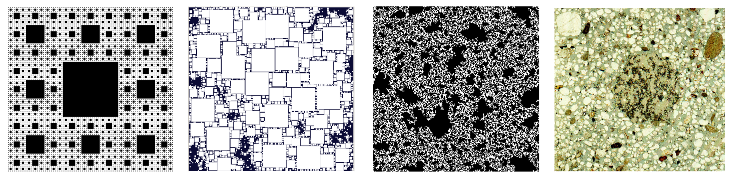 Sierpinski fractal (left), random non-overlapping, overlapping, sand grains and clay (cut).