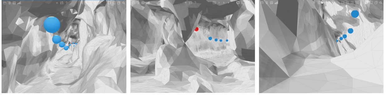 Natural cave environment as a testbed for propagation exeperiments on irregular geometries. Depicted are scenes from Signal3D modelling of Skirwith and Roof Tunnel caves. Both caves are located in the UK. Laser 3D scans are provided by M. Bedford, University of Exeter